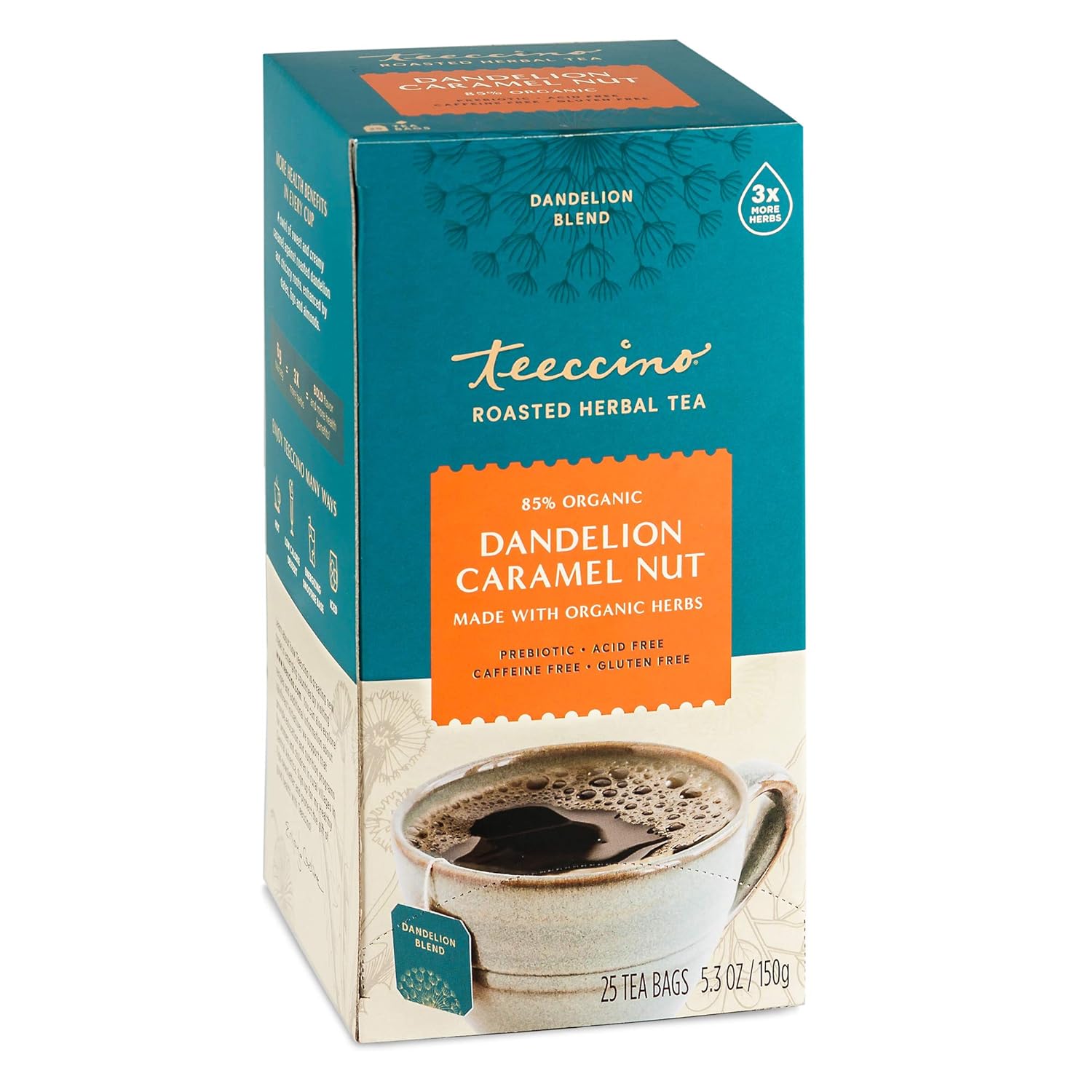 Teeccino Dandelion Caramel Nut Tea - Caffeine Free, Roasted Herbal Tea With Prebiotics, 3X More Herbs Than Regular Tea Bags, Gluten Free - 25 Tea Bags