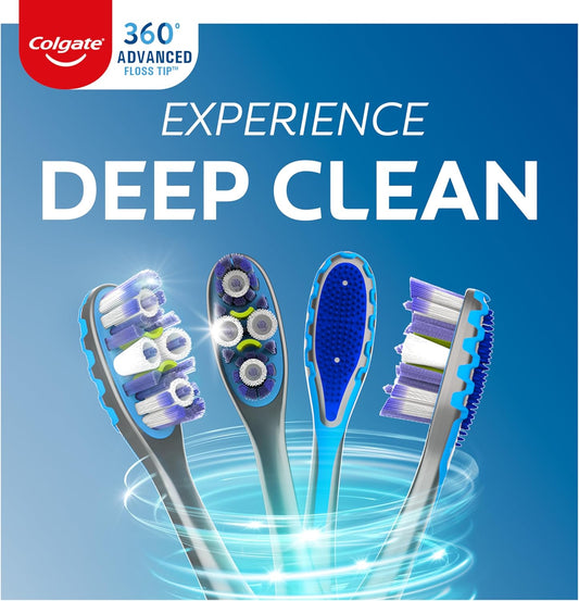 Colgate 360 Advanced Floss Tip Toothbrush, Soft Toothbrush For Adults, 4 Pack