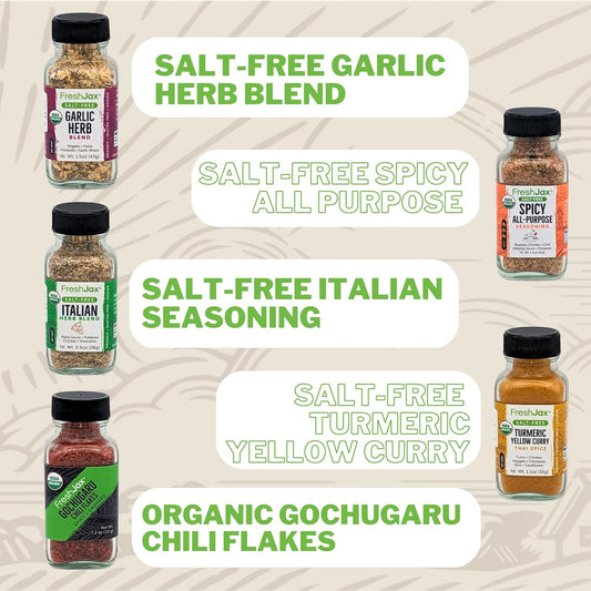 FreshJax Salt Free Seasonings Gift Set | Pack of 5 Organic Sodium Free Seasoning | Grilling gifts for Dad, Father | Salt Free Seasonings and Spices for Cooking | Gourmet Seasoning Set