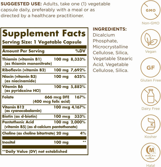 Solgar B-Complex"100", 100 Vegetable Capsules - Pack of 2 - Heart Health - Nervous System Support - Supports Energy Metabolism - Non-GMO, Vegan, Gluten Free, Dairy Free, Kosher, Halal - 200 Servings