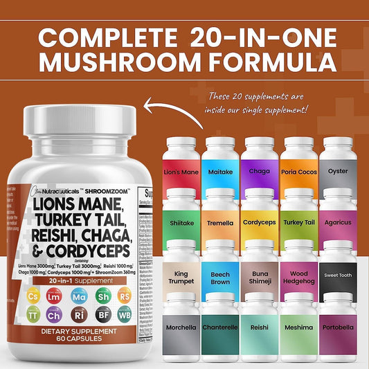 Clean Nutraceuticals Lions Mane 3000mg 20in1 Mushroom Supplement with Turkey Tail 2000mg Reishi 1000mg Cordyceps Chaga 1000mg Maitake Meshima Poria Cocos Shiitake 60 Count