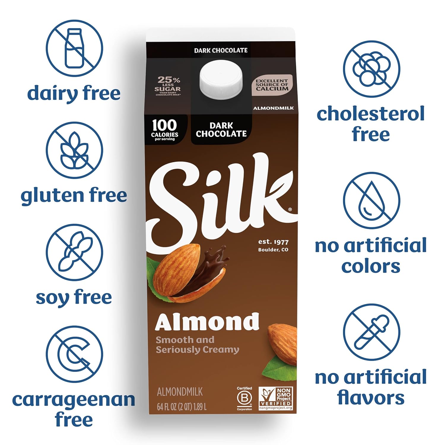 Silk Almond Milk, Dark Chocolate, Dairy Free, Gluten Free, Seriously Creamy Vegan Milk With 25% Less Sugar Than Dairy Chocolate Milk, 64 Fl Oz Half Gallon