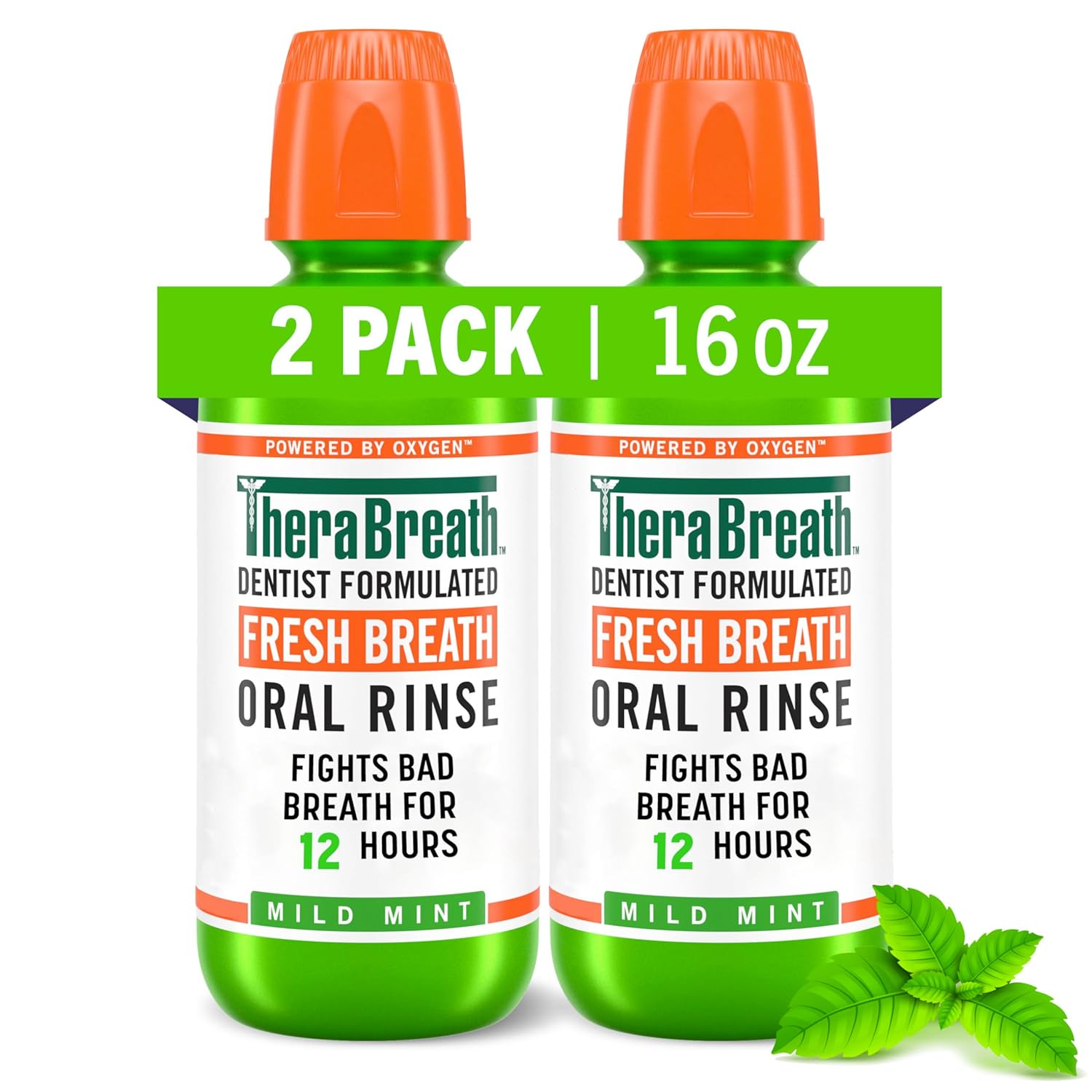 Therabreath Fresh Breath Mouthwash, Mild Mint Flavor, Alcohol-Free, 16 Fl Oz (2-Pack)