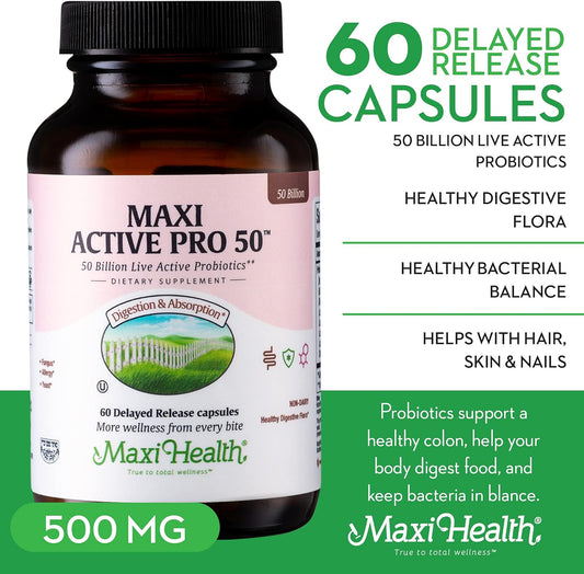 Maxi Health Probiotic Plus Ultimate Prebiotic Advanced Live Probiotics Formula - 50 Billion Live Active Probiotic - 15 Strains - Ultra Protection - Active Pro-50-30 Count