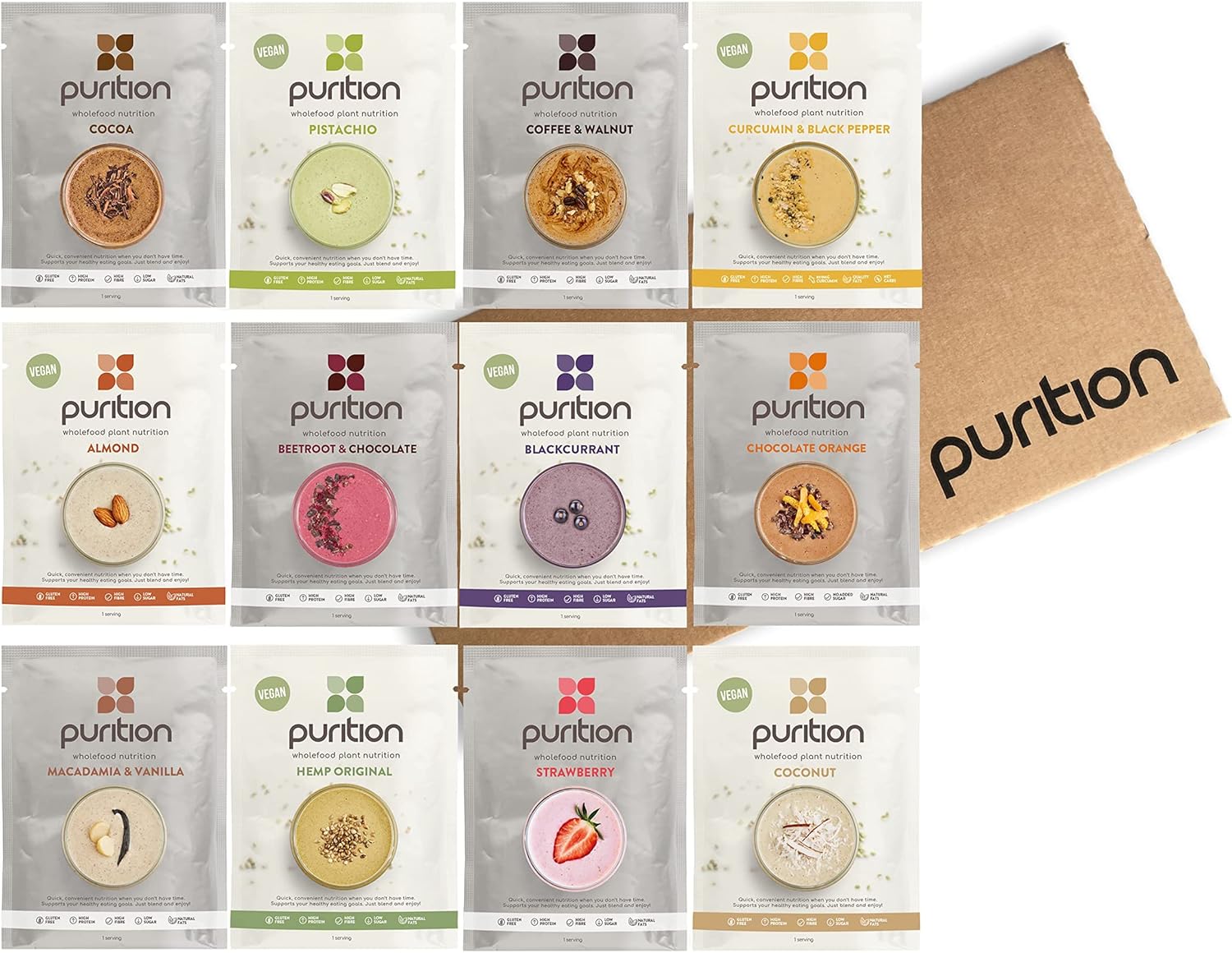 Purition Mixed Trial Box | Premium Vegan & Vegetarian sachets, High Protein Powder for Keto Shakes and Smoothies with Only Natural Ingredients for Weight Loss | 12 x 40g sachets : Amazon.co.uk: Health & Personal Care
