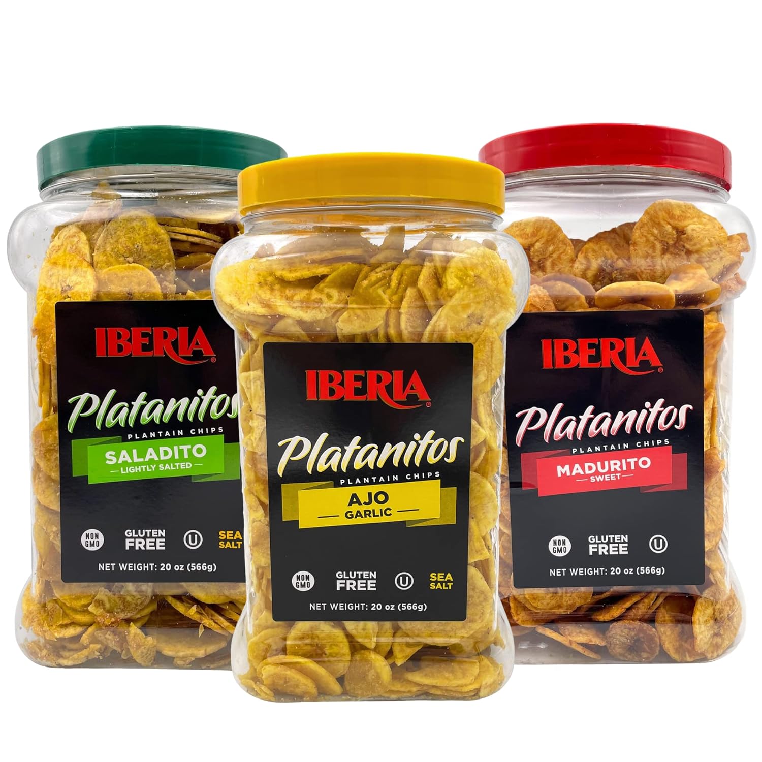 Iberia Plantain Chips Variety Bundle, Lightly Salted 20 Oz, Garlic 20 Oz, Maduritos 20 Oz