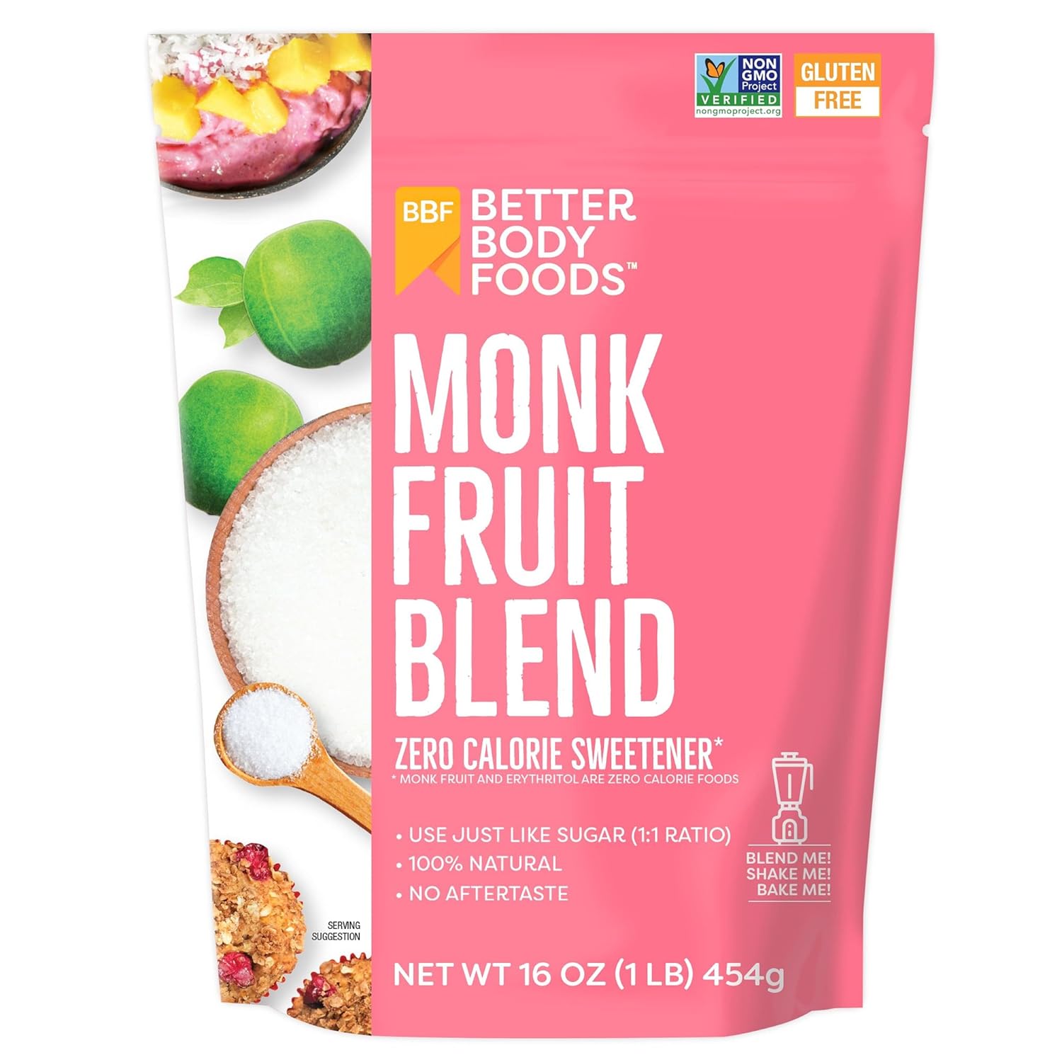 Betterbody Foods Monk Fruit Sweetener Blend, Raw Cane Sugar Substitute, Zero Calorie, Keto Diet Friendly, Zero Net Carbs, Zero Glycemic, Baking, Extract, Sugar Replacement, 1Lb, 16 Oz