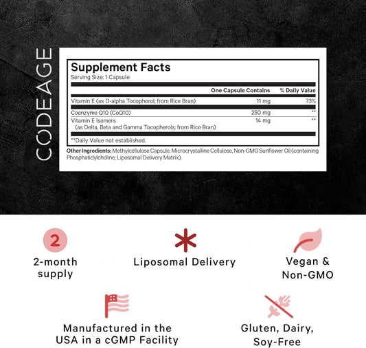 Codeage Liposomal Coq10 Supplement Max - Vitamin E Isomers Tocopherols - 250Mg Coenzyme Q10 - Cardiovascular & Energy Support Pills - Non-Gmo, Vegan, Gluten-Free - 2 Month Supply - 60 Capsules