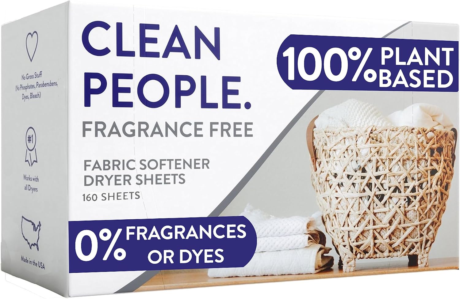 The Clean People Fabric Softener Sheets - Dryer Sheets - Softens & Removes Static Cling - Vegan Laundry Softener, Fragrance Free - Unscented, 160Pack