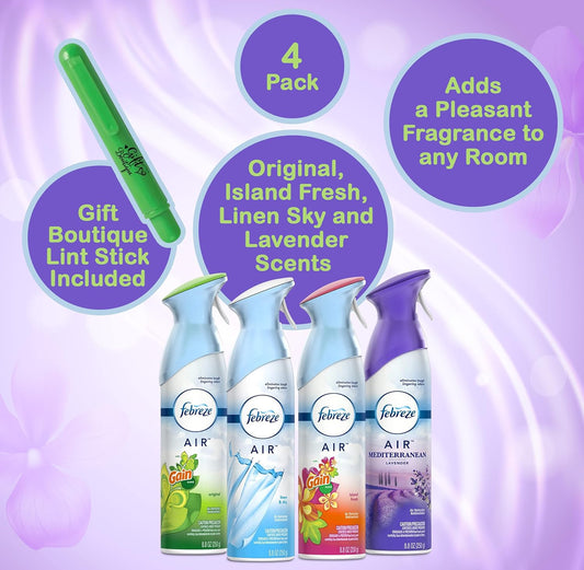 Number 1 In Service Febreeze Air Freshener Odor Eliminator Spray, Assorted Scent Febreeze Home & Bathroom Deodorizer, Original, Island Fresh, Linen Sky & Lavender With Gift Boutique Lint Stick, 4 Pack