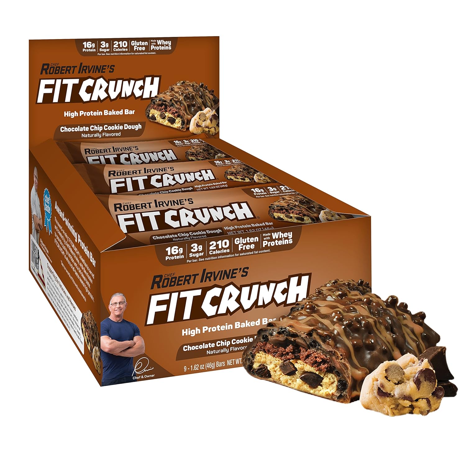 Fitcrunch Snack Size Protein Bars, Designed By Robert Irvine, 6-Layer Baked Bar, 3G Of Sugar, Gluten Free & Soft Cake Core (9 Bars, Chocolate Chip Cookie Dough)