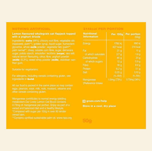 Graze Lively Lemon Oat Flapjacks, Vegetarian Healthy Snacks, High In Fibre, 3 Bars Per Punnet, Whole Oats & Natural Flavours - Packaging May Vary-(9 X 50G Snacks)