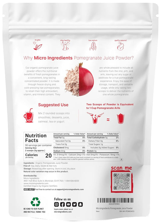 Organic Pomegranate Juice Powder, 1 Pound | 100% Natural Fruit Powder | Freeze Dried & Cold Pressed | No Sugar & Additives | Great Flavor For Drinks, Smoothie, & Beverages | Non-Gmo & Vegan Friendly