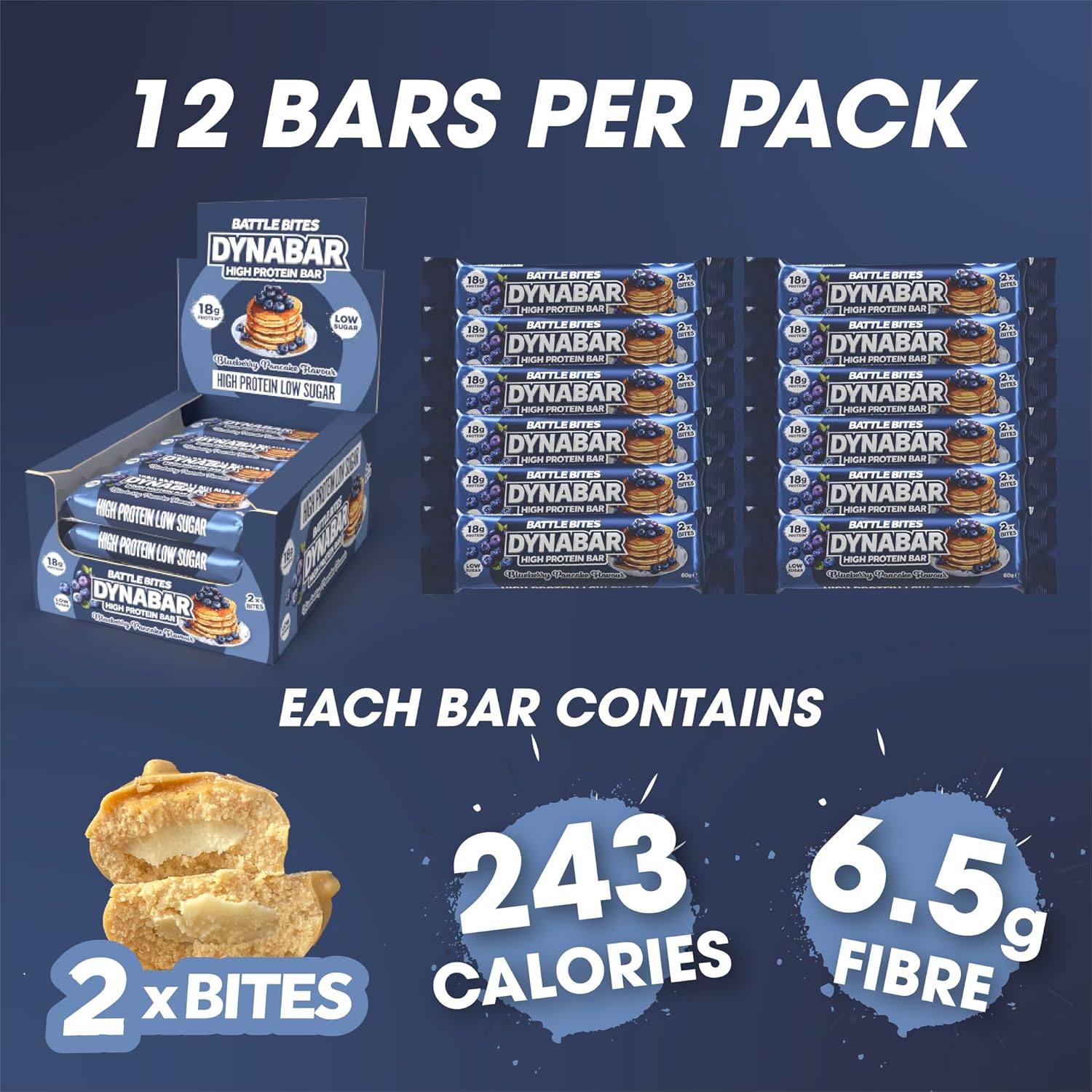 Battle Bites - Dynabar - High Protein Bars 12 x 62g - Blueberry Pancake Flavour - Low in Sugar, High in Fibre, Free from Preservatives, Non-GMO - 18g protein + 204 calories per bar - Made in UK : Amazon.co.uk: Health & Personal Care