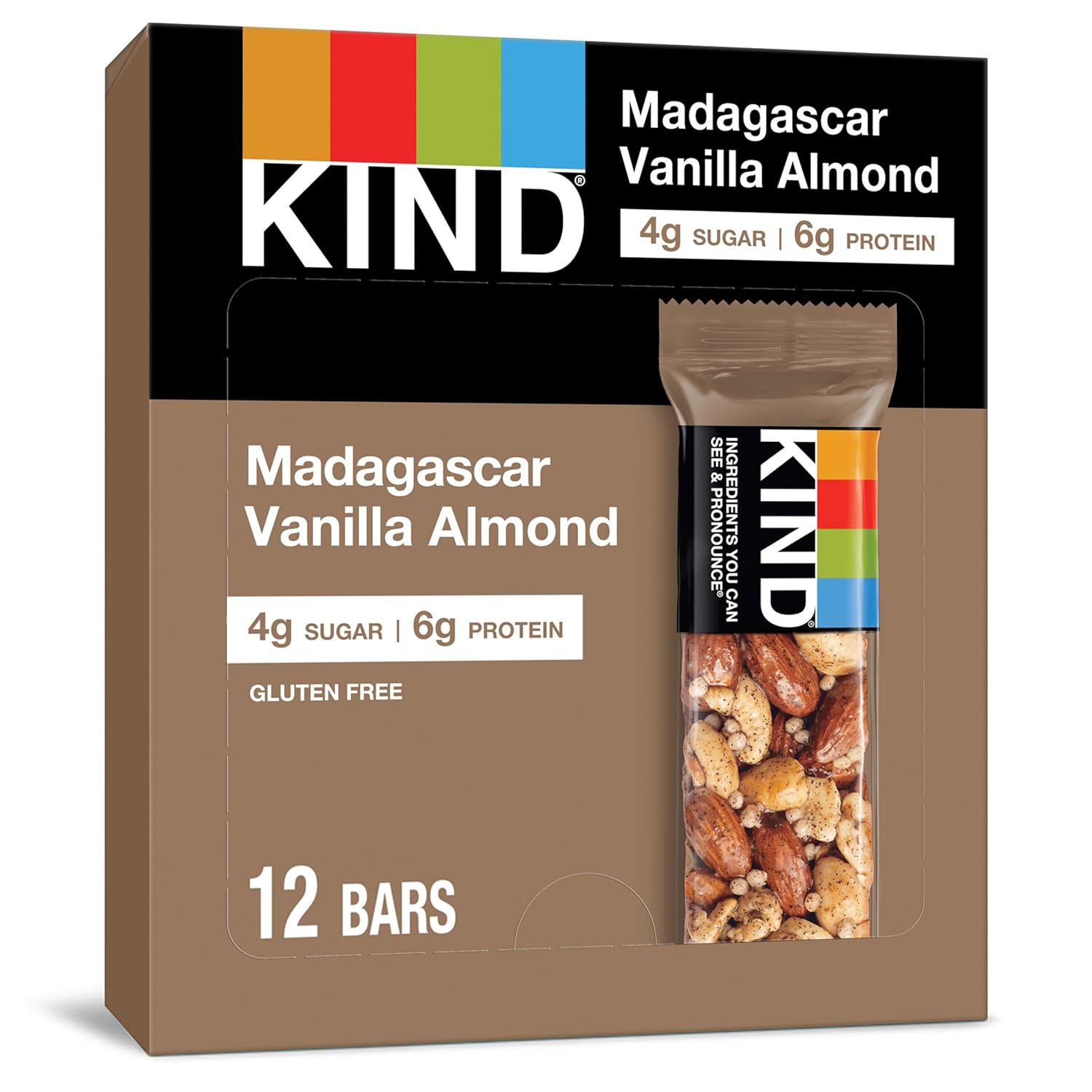 Kind Bars, Madagascar Vanilla Almond, Gluten Free, Low Glycemic Index, 1.4Oz, 12 Count