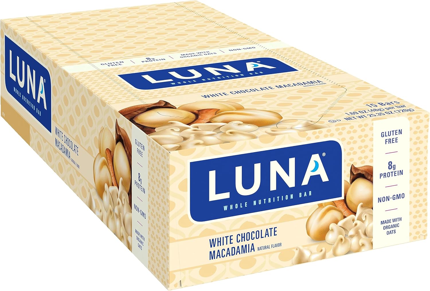 Luna Bar - White Chocolate Macadamia Flavor - Gluten-Free - Non-Gmo - 7-9G Protein - Made With Organic Oats - Low Glycemic - Whole Nutrition Snack Bars - 1.69 Oz. (15 Count)