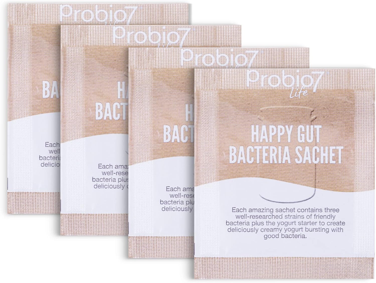 Probio7 Happy Gut Yogurt Starter Culture - 4 Yogurt Sachets. Probiotic Sachet, With 3 Strains Of Friendly Bacteria, Lactobacillus Rhamnosus. Gluten Free Bacteria Starter Sachets (Pack Of 4 Sachets)
