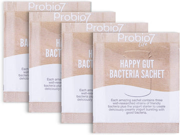 Probio7 Happy Gut Yogurt Starter Culture - 4 Yogurt Sachets. Probiotic Sachet, With 3 Strains Of Friendly Bacteria, Lactobacillus Rhamnosus. Gluten Free Bacteria Starter Sachets (Pack Of 4 Sachets)