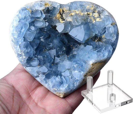 Extra Large Blue Celestite Geode Heart Healing Crystal Stone Collection Mineral Specimen With Stand Home Office Decor 1.7-2.2 Pound