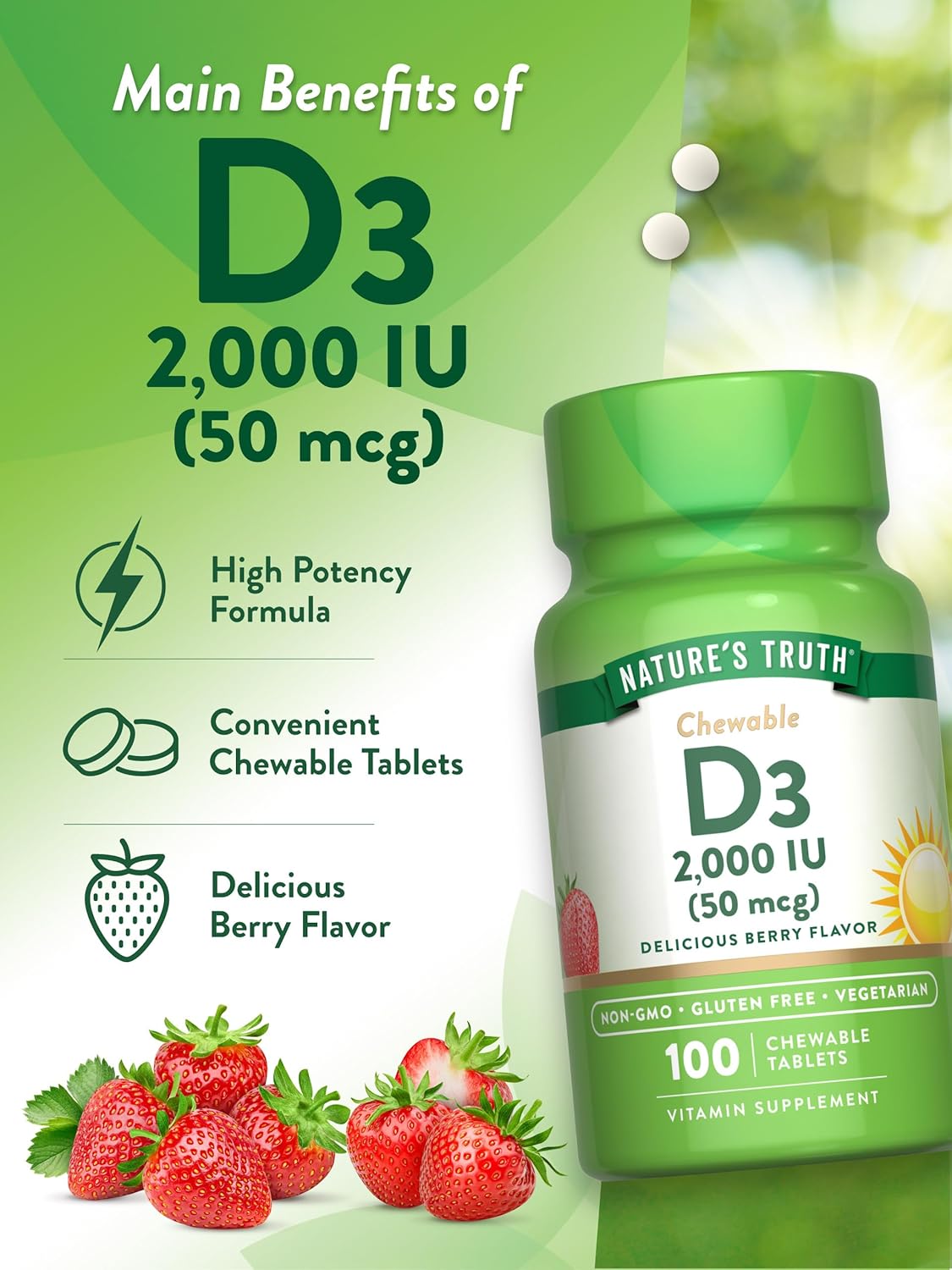 Nature's Truth Chewable Vitamin D3 2,000 IU | 100 Tablets | Berry Flavor | Vegetarian, Non-GMO, & Gluten Free Supplement : Health & Household