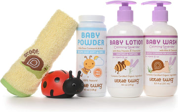 Little Twig Baby Basics Baby Powder Plus Baby Wash and Lotion Washcloth and Tub Toy Gift Set, Lavender/Unscented, 1.9 Pound