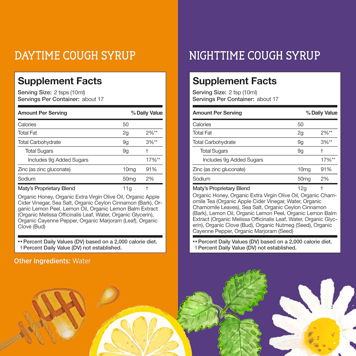 Matys Organic Adult Cough Syrup Day & Night Value Pack for Adults & Children 12 Years + Up, Soothing Daytime & Nighttime Cough Relief w/Organic Honey & Zinc, Alcohol & Drug Free, 2 Pack, 6 Fl Oz Each : Health & Household