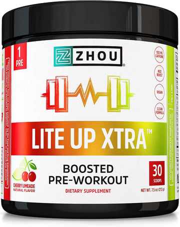 Zhou Nutrition Lite Up Xtra, Vegan Pre Workout Powder With Caffeine, Clean Energy Sourced From Green Tea, Nitric Oxide Booster, Gluten And Sugar Free, Non Gmo, Cherry Limeade, 7.5 Oz