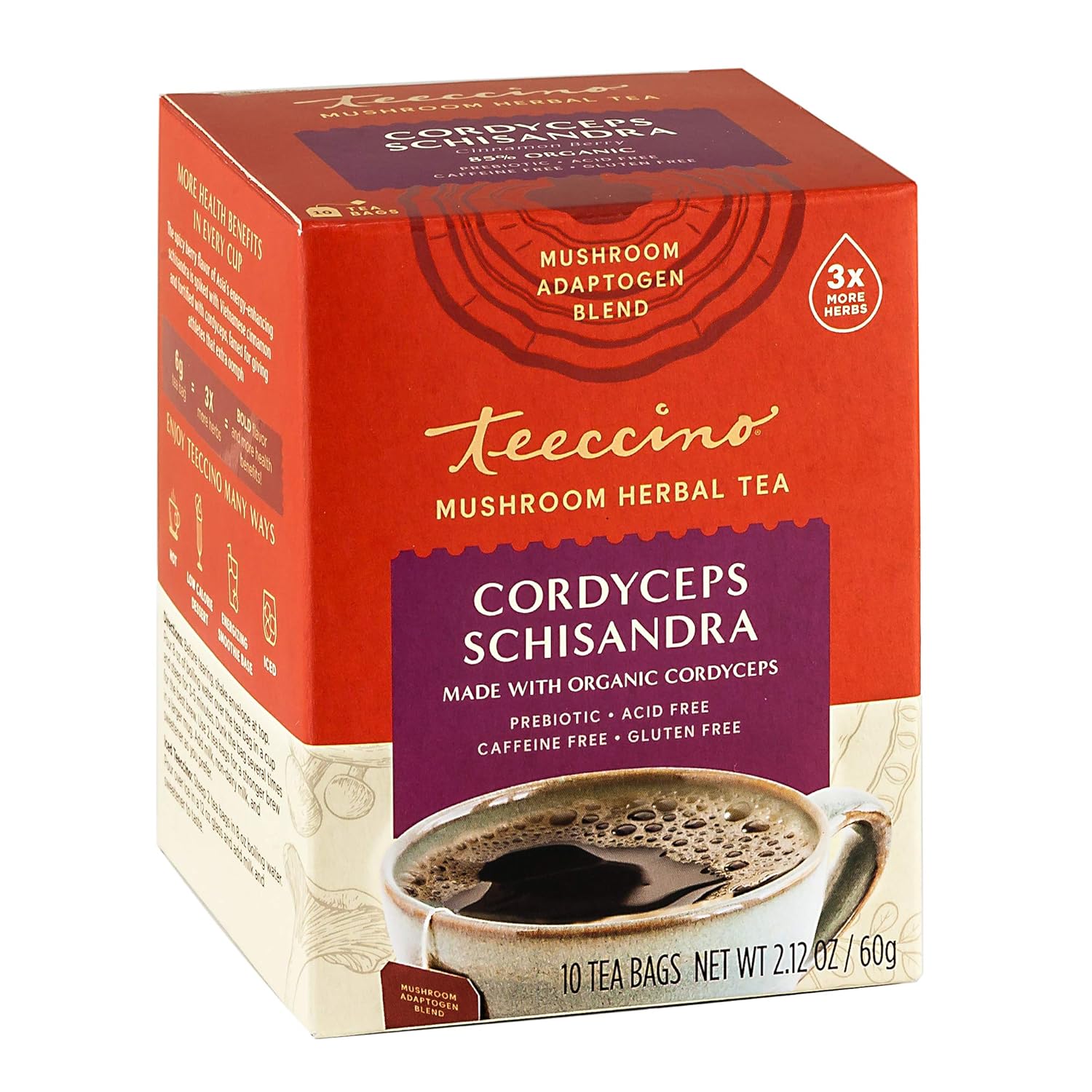 Teeccino Mushroom Adaptogen Herbal Tea – Cordyceps Schisandra Cinnamon Berry – Support Your Health With Mushrooms & Adaptogenic Herbs – Cognitive Tea, 10 Tea Bags