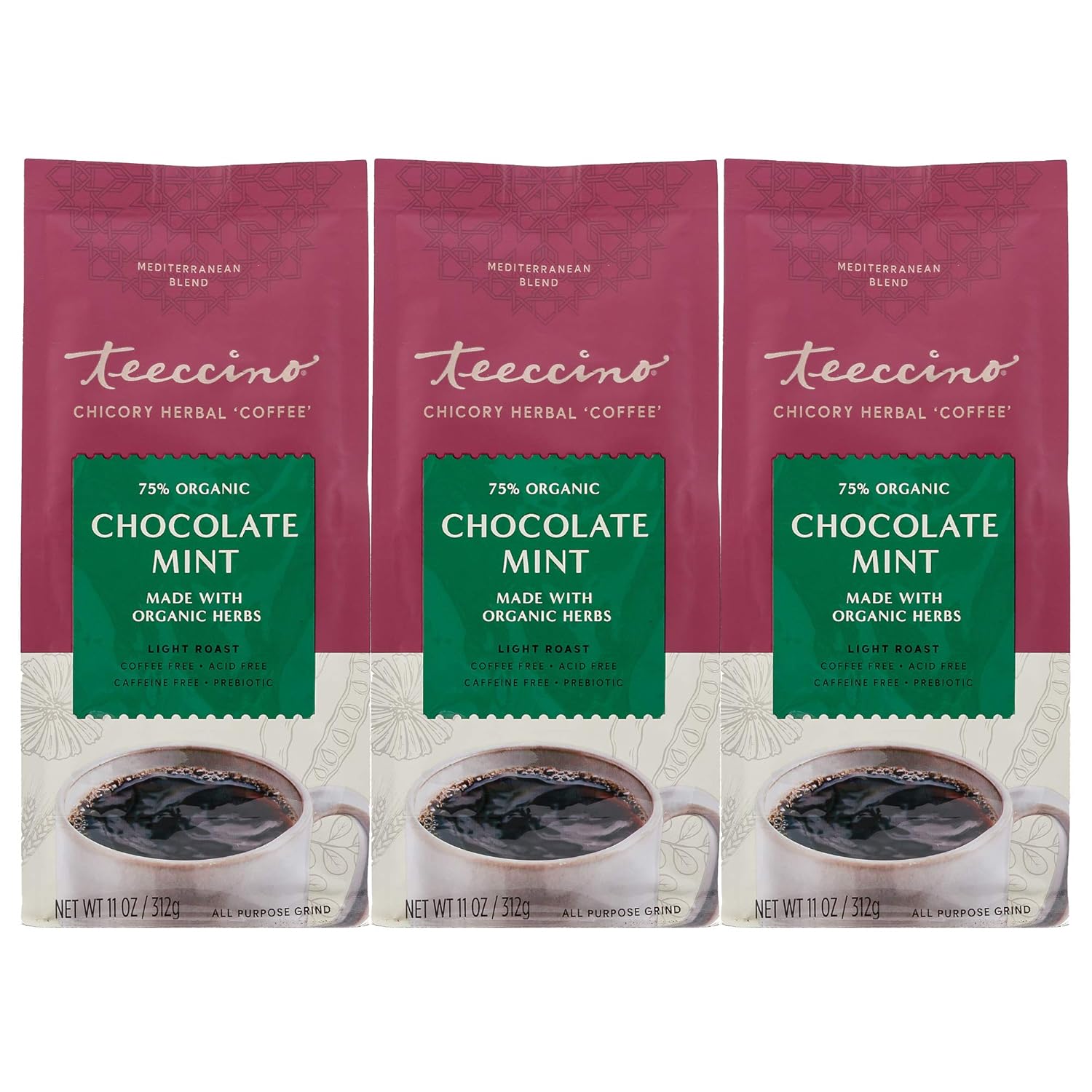 Teeccino Chocolate Mint Chicory Coffee Alternative - Ground Herbal Coffee That’S Prebiotic, Caffeine Free & Acid Free, Light Roast, 11 Ounce (Pack Of 3)