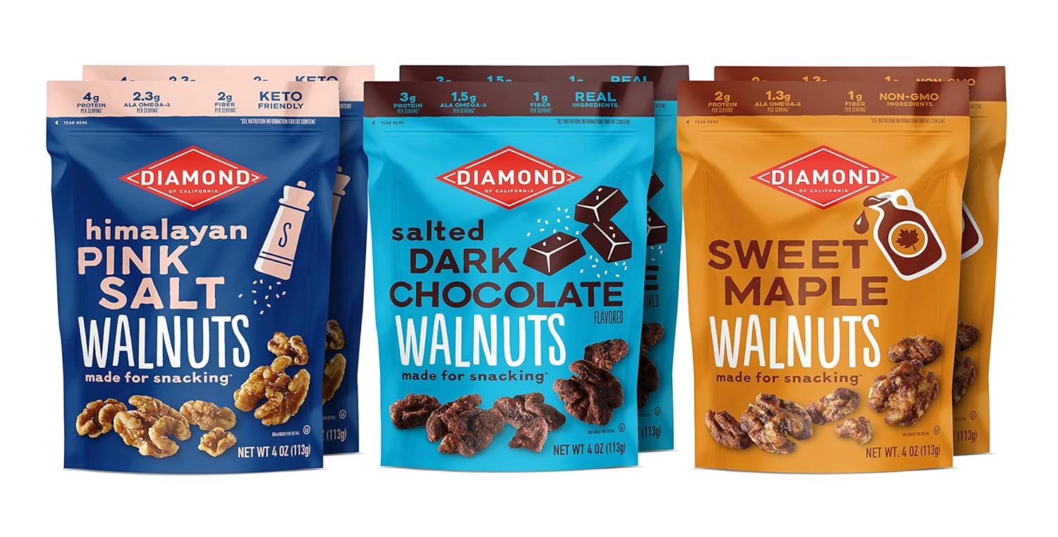 Diamond Of California Assorted Walnut Snack Packs, 2 4-Oz Himalayan Pink Salt Walnuts, 2 4-Oz Salted Dark Chocolate Walnuts, 2 4-Oz Sweet Maple Walnuts