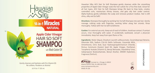 Hawaiian Silky Apple Cider Vinegar Daily Shampoo Sulfate-Free, 12 fl oz - Black Castor Oil Enriched Extract - Treat Dry and Damaged Scalp | for Men, Women & Kids 14-in-1 Miracles