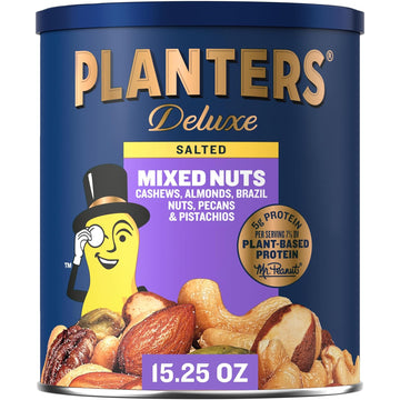 Planters Deluxe Salted Mixed Nuts, Roasted Cashews, Almonds, Brazil Nuts, Pistachios, And Pecans, Party Snacks, Plant-Based Protein, Quick Snack For Adults, After School Snack, 15.25Oz Canister