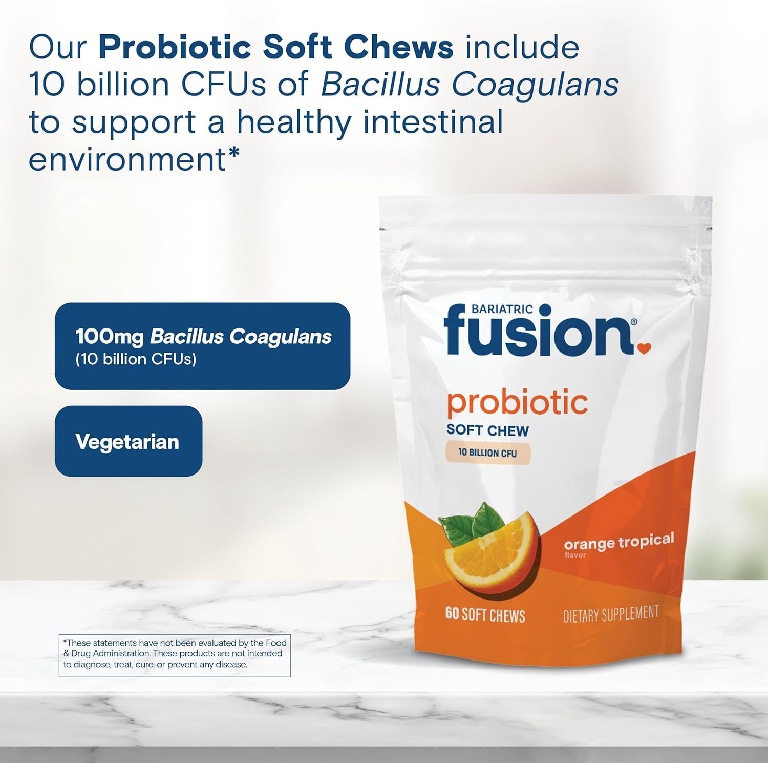 Bariatric Fusion Bariatric Probiotic Soft Chews | Orange Tropical Flavor Chewy Bariatric Vitamin | Bacillus Coagulans 10 Billion Cfu Chewable Probiotic | Support Digestive & Immune Health | 60 Count : Health & Household