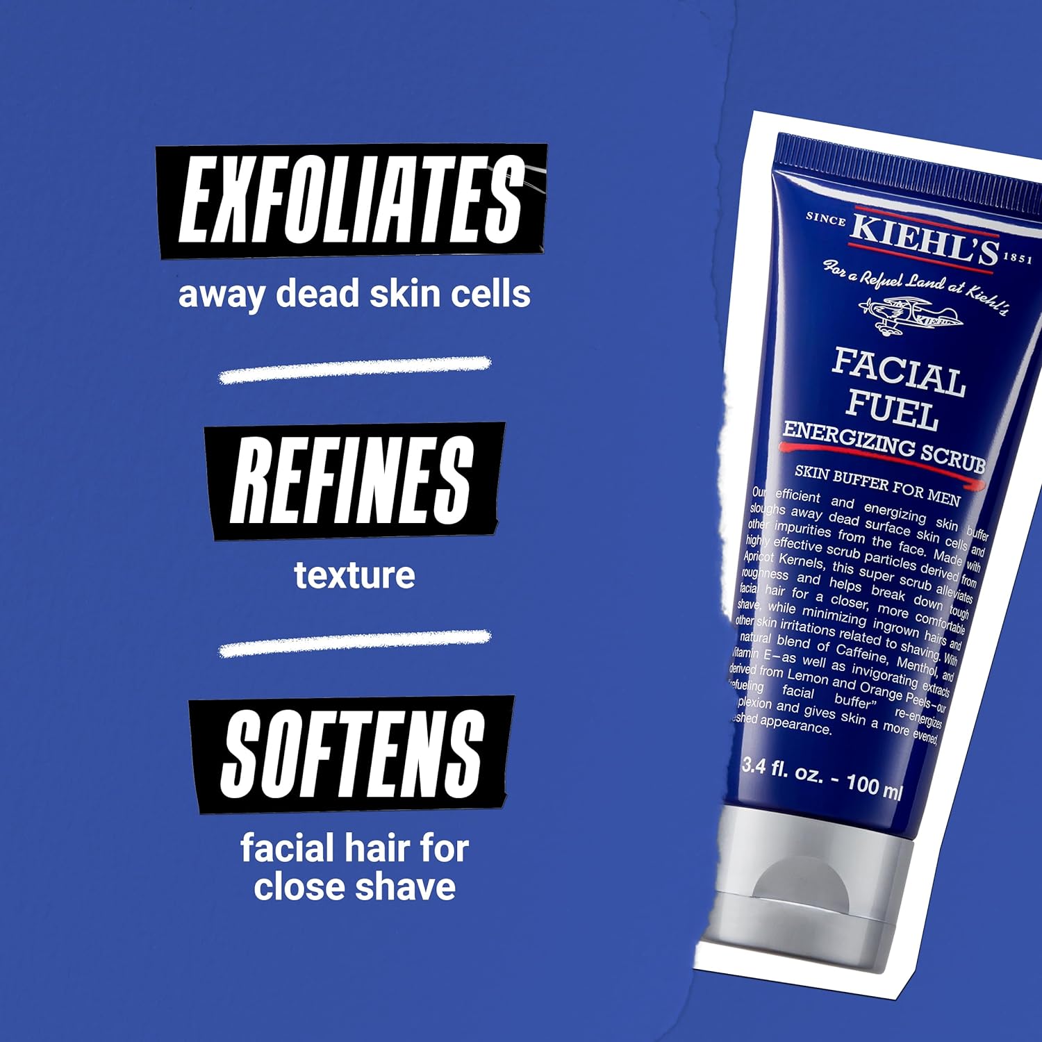 Kiehl's Facial Fuel Exfoliating Face Scrub, Facial Cleanser for Men, Smooths Skin & Removes Dead Skin, Dirt & Oil, Helps Soften Tough Facial Hair, with Caffeine, Menthol, Vitamin E - 3.4 fl oz : Beauty & Personal Care