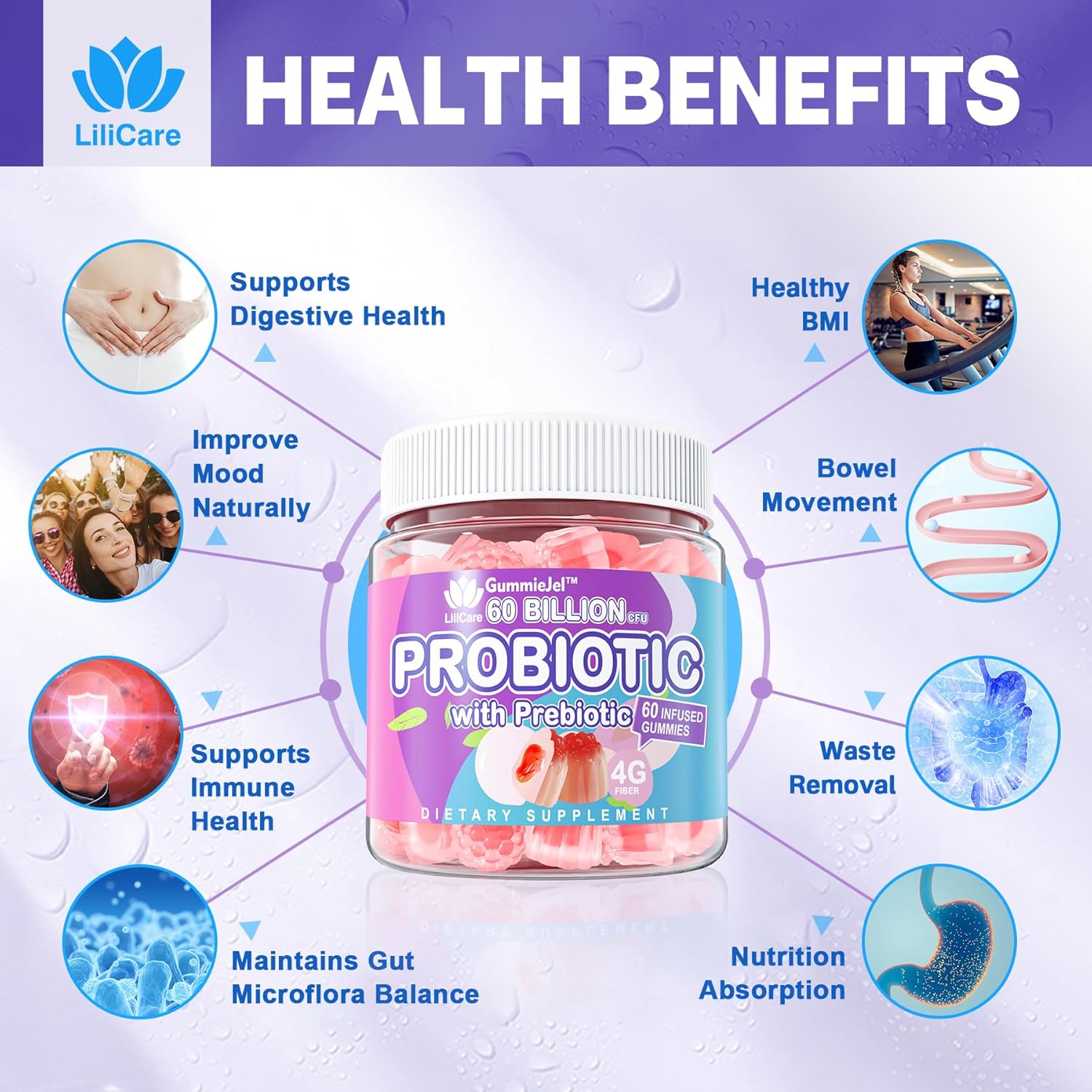 Sugar Free Probiotic Gummies 60 Billion Cfu 11 Strains With Prebiotics Fiber, Probiotics Filled Gummies For Women Men Digestive Health, Peach Flavor, Supports Constipation, Diarrhea, Gas & Bloating : Health & Household