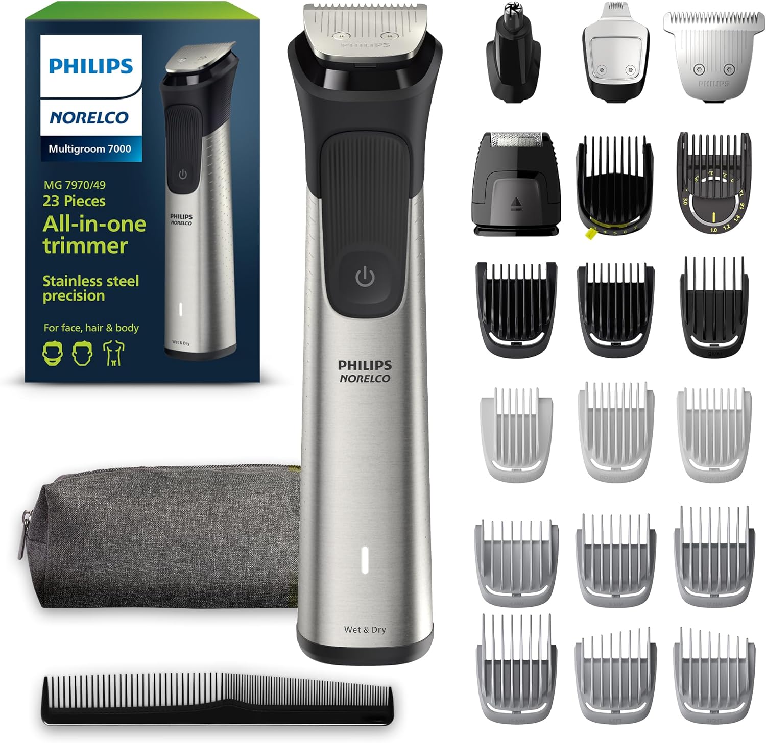 Philips Norelco Multigroomer All-In-One Trimmer Series 7000, 23 Piece Mens Grooming Kit, Trimmer For Beard, Head, Body, And Face, No Blade Oil Needed, Mg7750/49