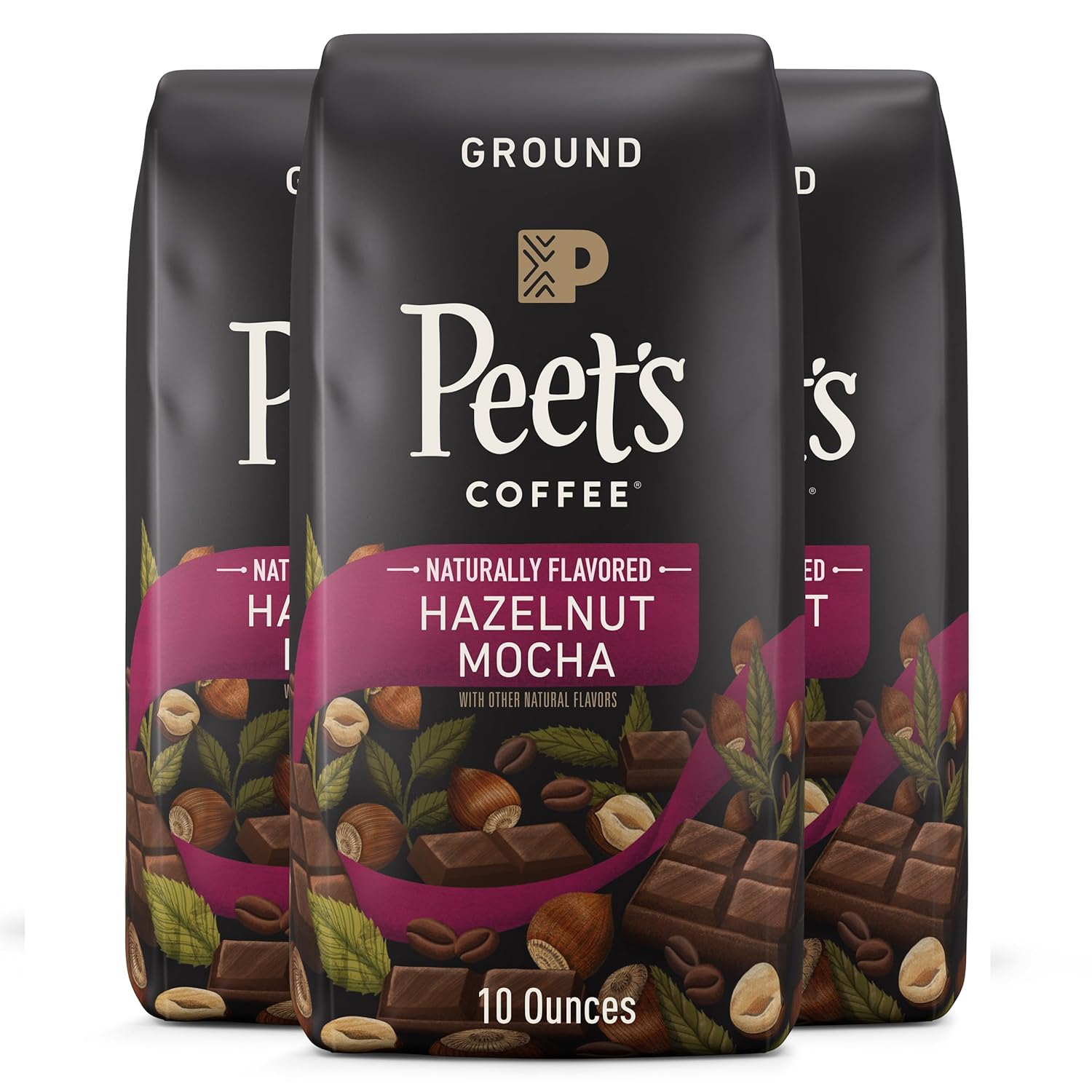 Peet's Flavored Coffee, Hazelnut Mocha Ground Coffee, 30 Ounces (Three Bags of 10oz), Light Roast