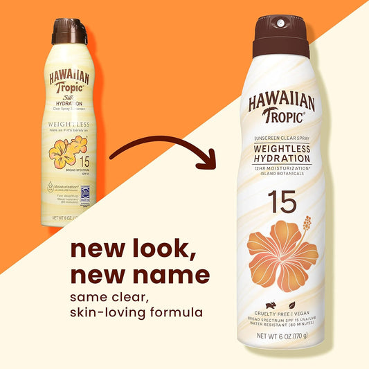 Hawaiian Tropic Weightless Hydration Clear Spray Sunscreen Spf 15, 6Oz Twin Pack | Hawaiian Tropic Sunscreen Spf 15, Sunblock, Oxybenzone Free Sunscreen, Spray On Sunscreen Pack, 6Oz Each