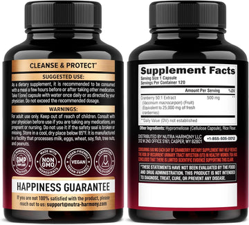 Cranberry Pills For Women 500 Mg - Clinically Tested Strength For Urinary Tract Health Support - Equivalent To 25,000 Mg Of Fresh Cranberry Supplement - Natural & Vegan - Made In Usa - 120 Capsules