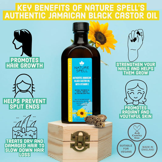 Nature Spell Authentic Jamaican Black Castor Oil With Vitamin E For Hair & Body 150 Ml - Authentic Jbco For All Hair Types - Natural Hair Growth - Strengthen Hair Roots - Treat Dry And Damaged Hair