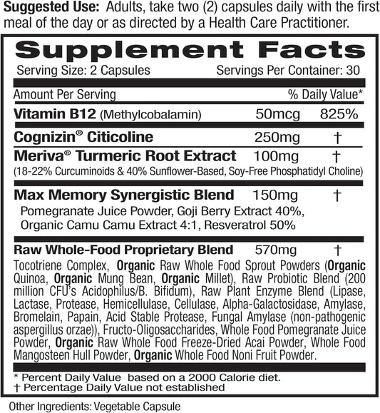 Emerald Labs Memory Health - Brain Health & Memory Supplement - Supports Energy & Focus - Features Meriva Turmeric, Vitamin B12 & More - 60 Vegetable Capsules (30-Day Supply)