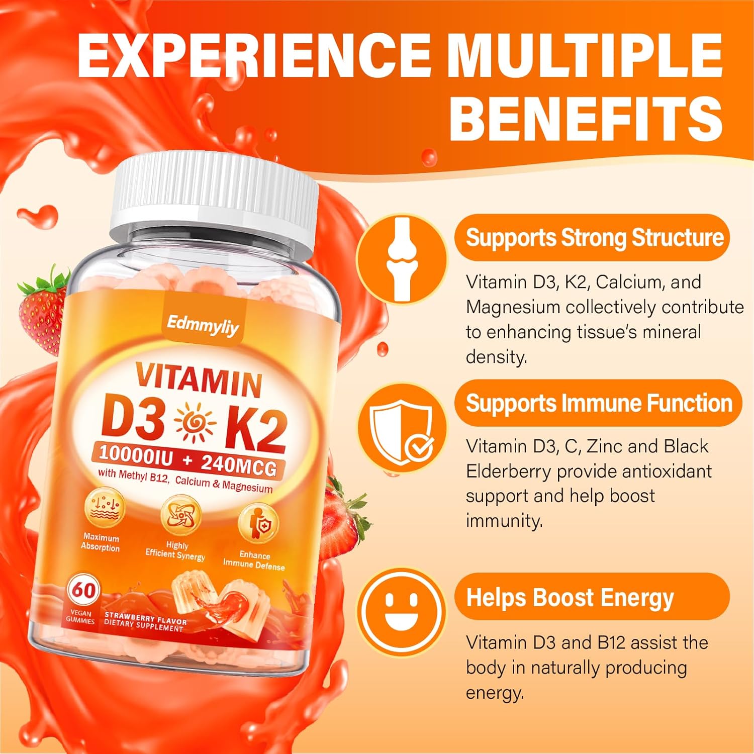 Vitamin D3 Supplement 10000Iu For Adult - Vitamin D3 5000Iu / 10000Iu Gummies With K2, Methyl B12, Calcium, Magnesium, Zinc And Elderberry For Women & Men - Sugar-Free, Vegan Vitamin D Gummies : Health & Household