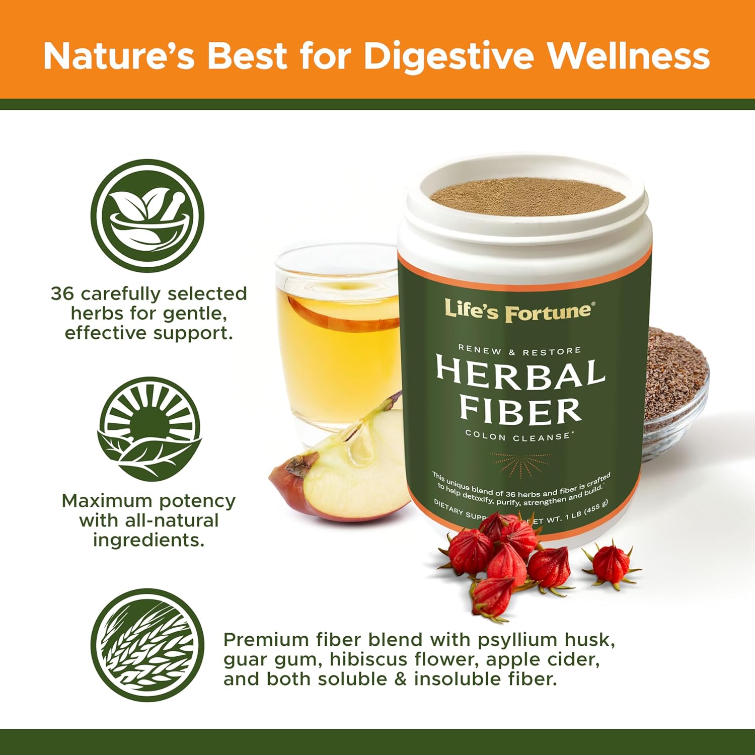 Life'S Fortune Organic 100% Natural Herbal Fiber Unflavored Powder Gut Health Drink Supplement With Apple Fiber, Non-Gmo, Soy & Gluten-Free, 455G (50 Servings) : Health & Household