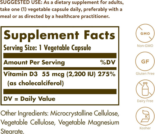 Solgar Vitamin D3 (Cholecalciferol) 55 mcg (2200 IU) Vegetable Capsules - 100 Count