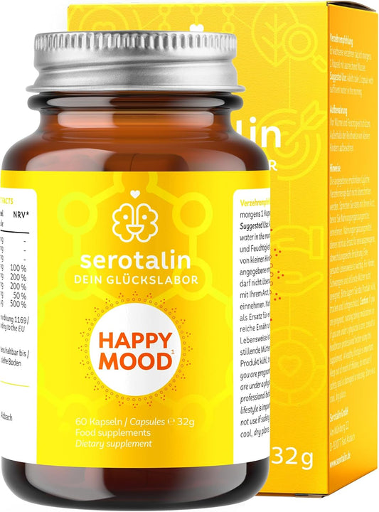 serotalin Happy Mood Serotonin Capsules - St John's Wort + Griffonia & L-Tryptophan | Mood Booster Tablets with Vitamin D, B1,B2, Niacin & Manganese - Without Caffeine | 100% Vegan I 60 Capsules : Amazon.co.uk: Health & Personal Care