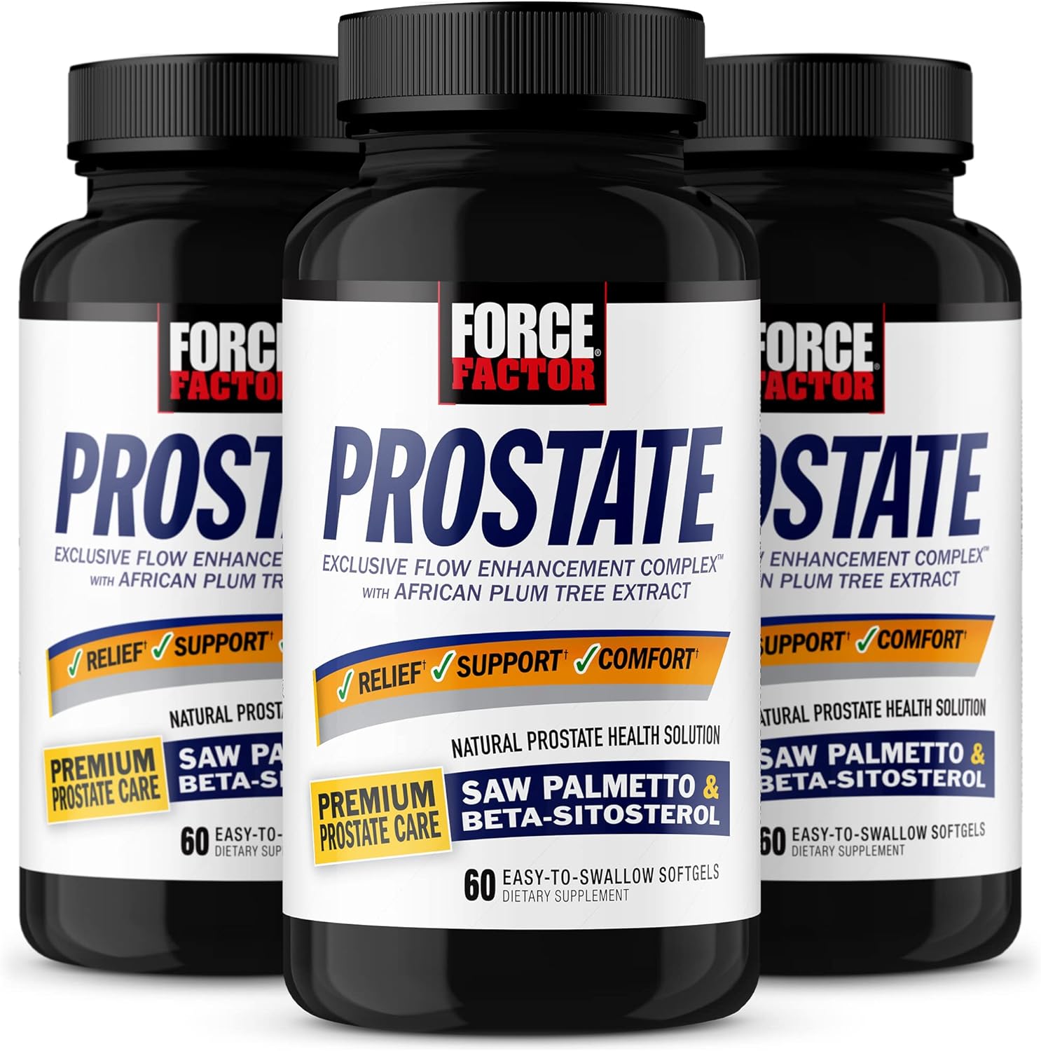 FORCE FACTOR Prostate, 3-Pack, Saw Palmetto and Beta Sitosterol Supplement for Men, Prostate Health Support, Size Support, Urinary Relief, Bladder Control, Reduce Nighttime Urination, 180 Softgels