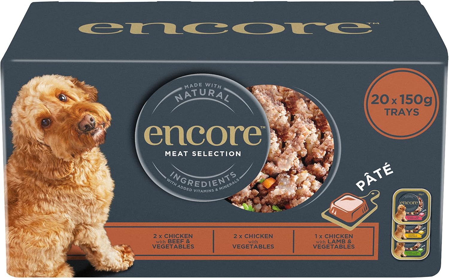 Encore Complete Wet Dog Food, Chicken, Lamb, Beef Pate Selection in 150g Trays (Pack of 20 Trays)