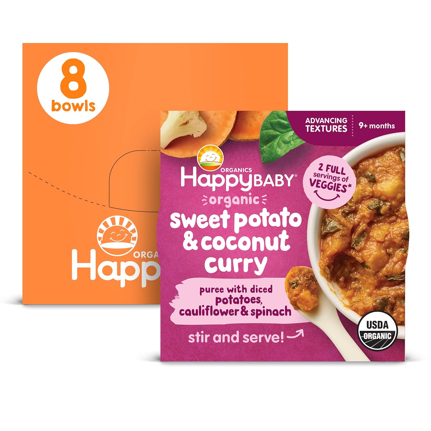 Happy Baby Organics Baby Food, Advancing Textures Bowl Sweet Potato & Coconut Curry Puree With Diced Potatoes, Cauliflower & Spinach, 4 Oz (Pack Of 8)