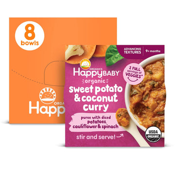 Happy Baby Organics Baby Food, Advancing Textures Bowl Sweet Potato & Coconut Curry Puree With Diced Potatoes, Cauliflower & Spinach, 4 Oz (Pack Of 8)