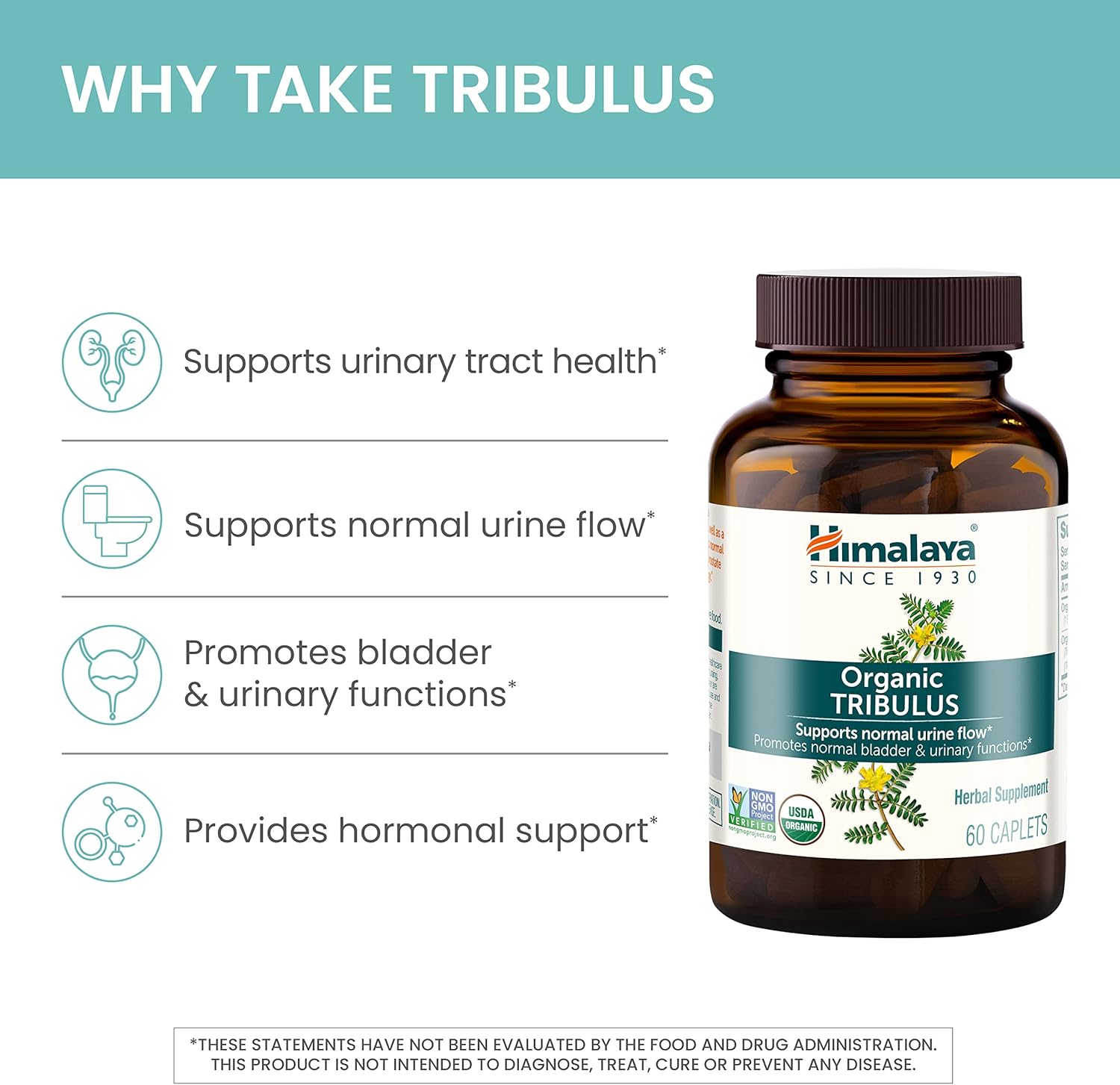 Himalaya Organic Tribulus Terrestris, Herbal Supplement For Urinary Support And Flow, Bladder Function, Prostate Support, Stamina, Male Energy, Non-Gmo, Usda Organic, Vegan, 688 Mg, 60 Caplets : Health & Household
